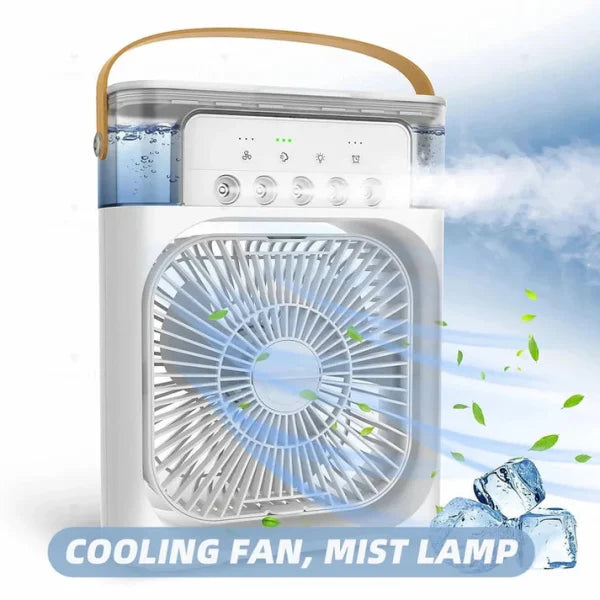 Portable 3-in-1 Air Cooler Fan with Colorful Lights – Fast Cooling, Humidifier & USB Operated | 3-Speed Personal Desk Fan (White, 10-Inch)