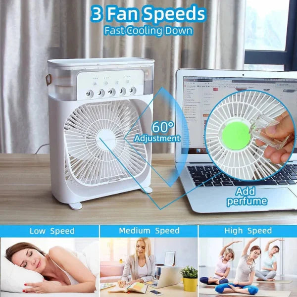 Portable 3-in-1 Air Cooler Fan with Colorful Lights – Fast Cooling, Humidifier & USB Operated | 3-Speed Personal Desk Fan (White, 10-Inch)