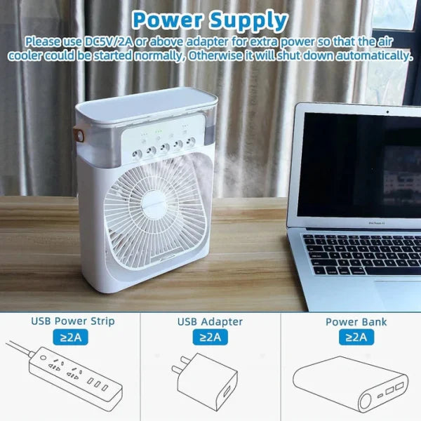 Portable 3-in-1 Air Cooler Fan with Colorful Lights – Fast Cooling, Humidifier & USB Operated | 3-Speed Personal Desk Fan (White, 10-Inch)