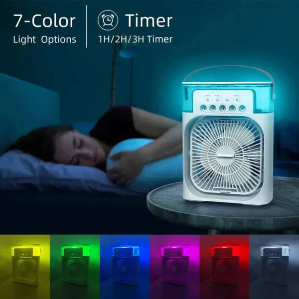 Portable 3-in-1 Air Cooler Fan with Colorful Lights – Fast Cooling, Humidifier & USB Operated | 3-Speed Personal Desk Fan (White, 10-Inch)